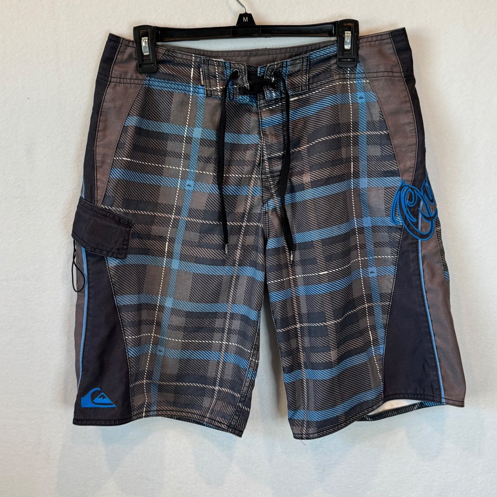Vtg Y2K Quiksilver Mens Plaid Board Shorts Swim Beach Embroidered Size 32 Rare